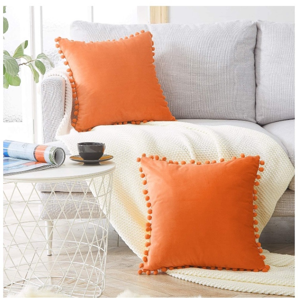 Retro Orange Modern Farmhouse Adorable Preppy Trendy Pompom Throw Pillow Cover - Picture 2 of 16